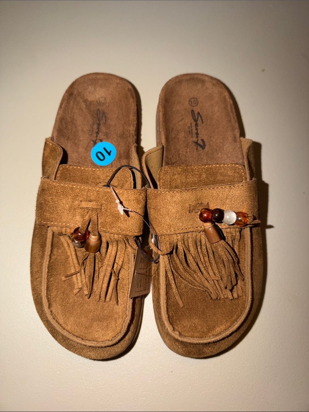 Seven7 Brown Suede Fringe Slide Sandals with Bead Detail